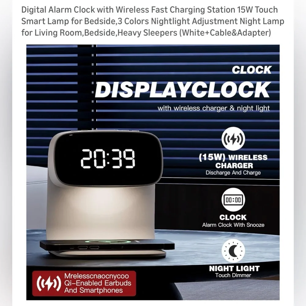 New Digital Alarm Clock Wireless Fast Charging Station 15W Touch Smart Lamp